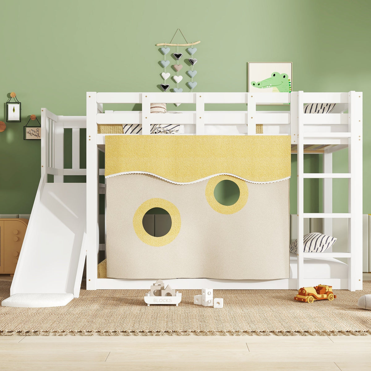 Bunk Bed 90x200cm with Stairs Slide and Curtain - White MDF/Pine