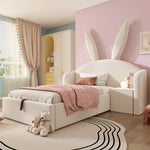 Bunny Ear Kids Bed 90x190cm, Hydraulic Storage, Beige Velvet