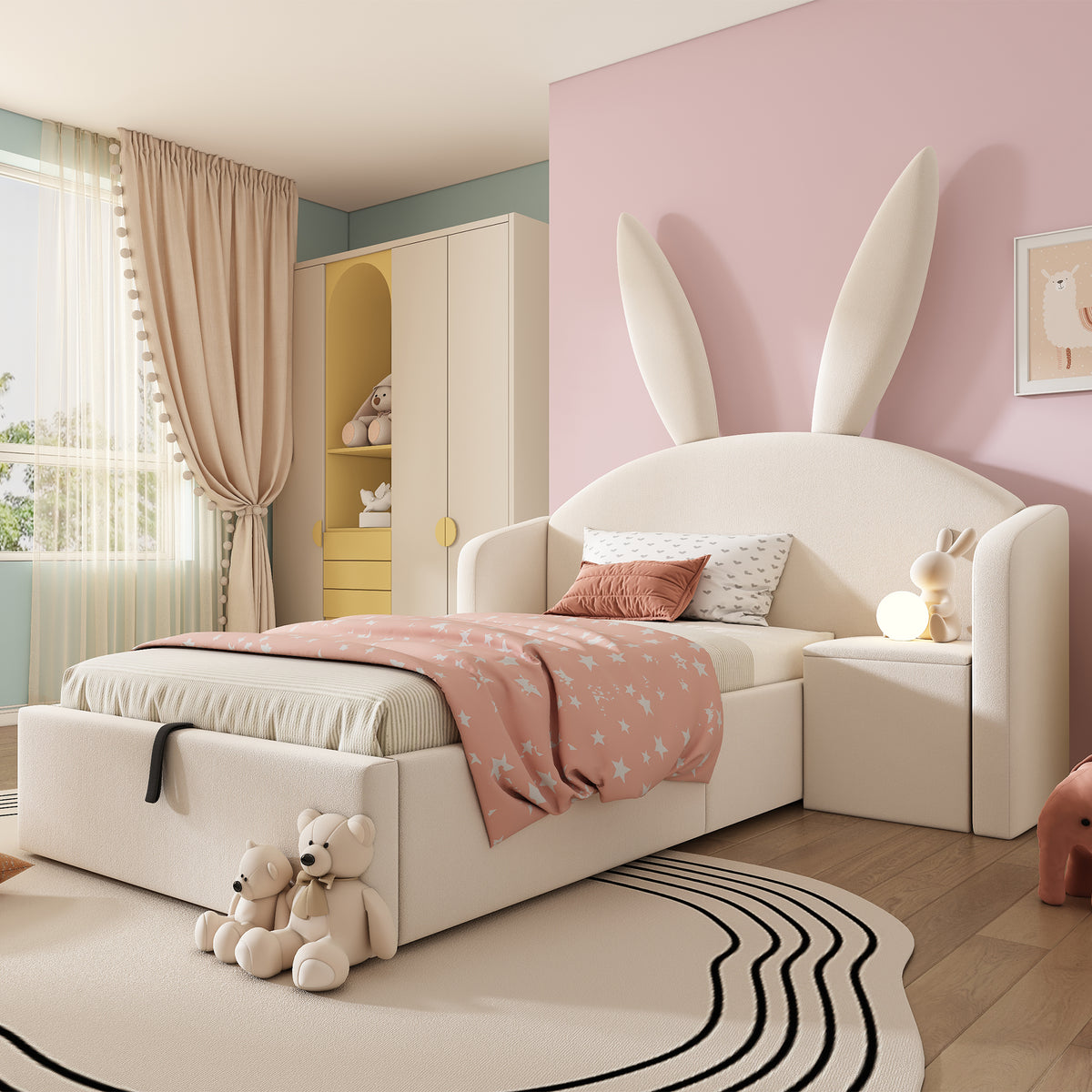 Bunny Ear Kids Bed 90x190cm, Hydraulic Storage, Beige Velvet