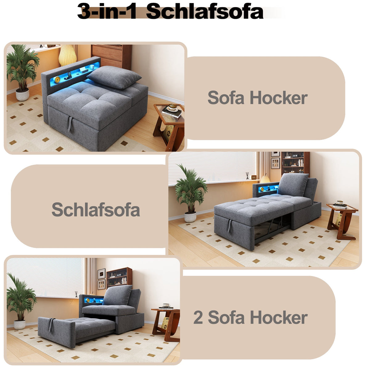 Upholstered Sleeper Sofa 3-in-1 Multifunctional Adjustable LED USB Ports Linen Fabric