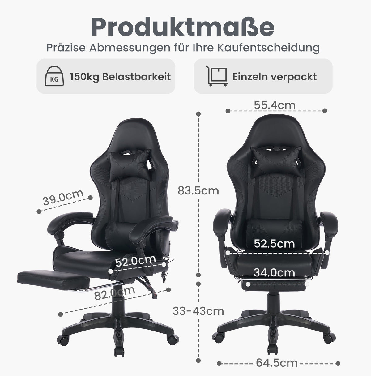 Gaming Chair Ergonomic Racing High-Back Swivel Adjustable Footrest Headrest Lumbar Support Leather Black
