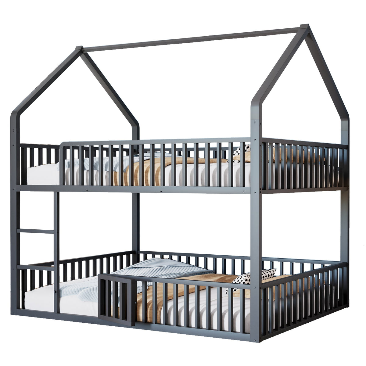 Bunk Bed, Loft Design with Stairs & Door, Black Metal