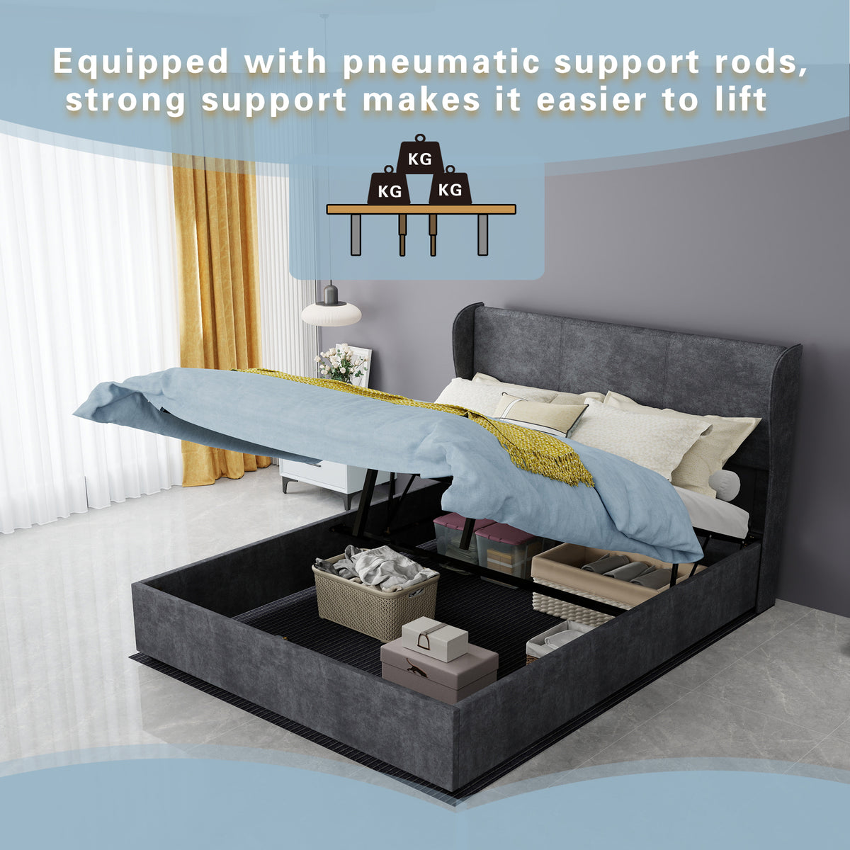 Modern Upholstered Bed 140x200 cm Gas Lift Storage, Grey