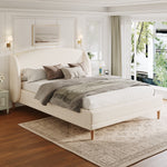 Upholstered Bed 140x190 cm with Winged Headboard and Slatted Base, Ivory White Bouclé Fabric
