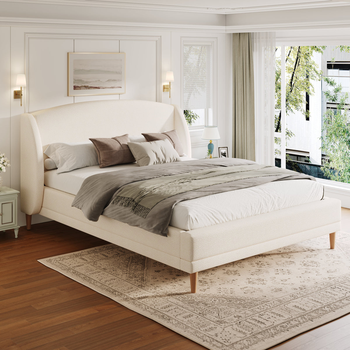 Upholstered Bed 140x190 cm with Winged Headboard and Slatted Base, Ivory White Bouclé Fabric