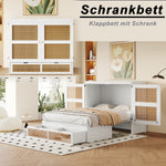 Wall Bed 140x200cm, Vertical with Slatted Frame & Storage Drawers, Rattan Design White