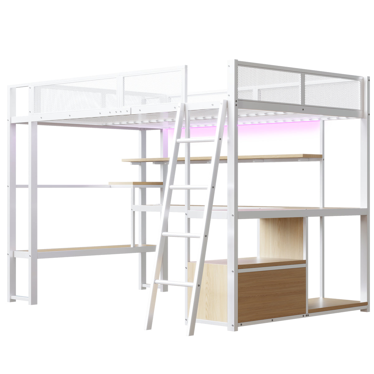 Gaming Loft Bed 140x200cm with Workspace & LED, White Metal
