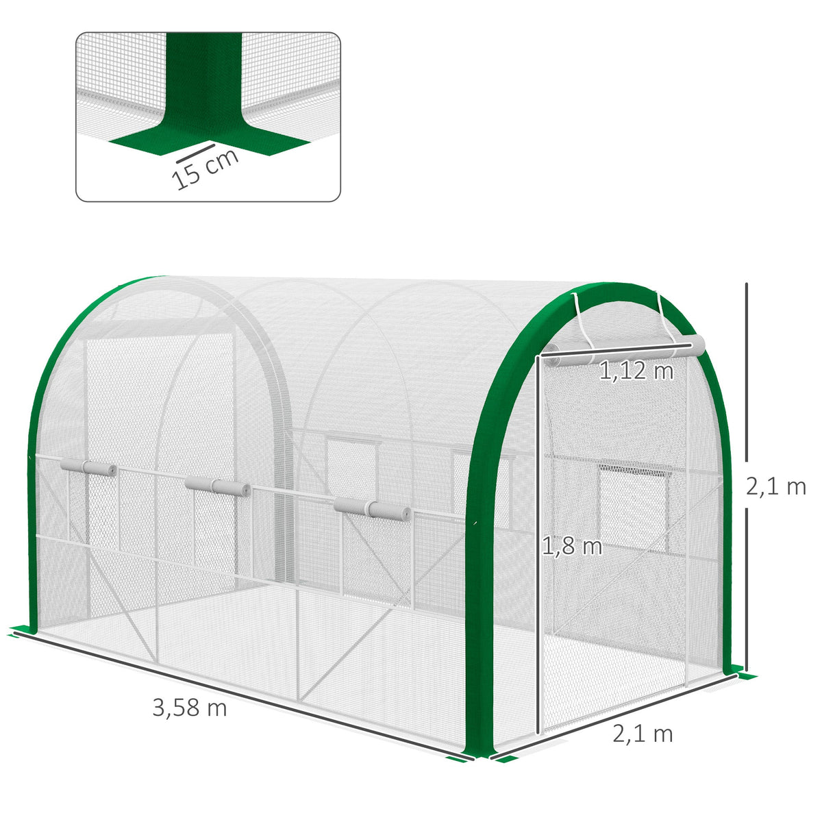 Foil Greenhouse Tunnel, 3.58 x 2.1 x 2.1 m Roller Door, Galvanized Steel, White