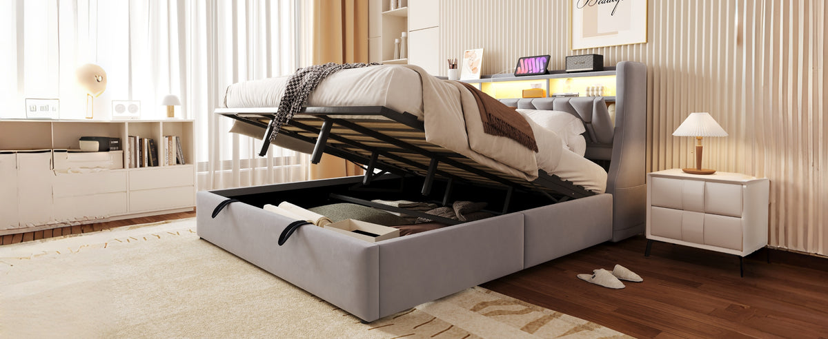 Upholstered Storage Bed 180x200cm with LED, Light Grey Velvet