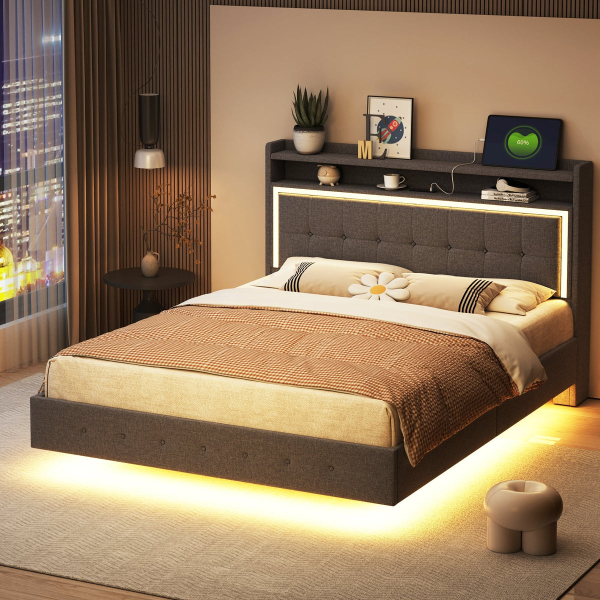 Upholstered Bed 140x200, USB & LED Light, Linen Fabric Gray