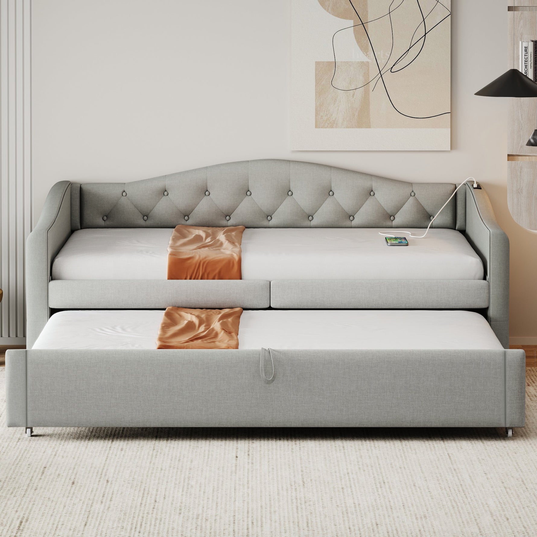 Upholstered Bed Pull-out Sofa Bed, 90 x 200 cm, USB Port, Linen Fabric, Grey