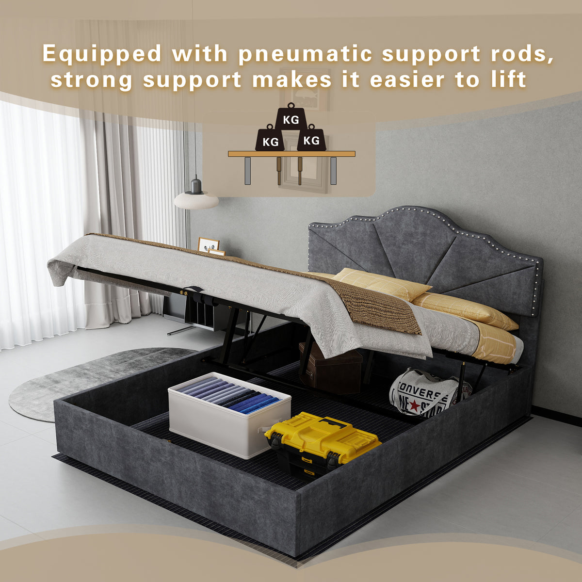 Modern Soft Bed 140x200cm with Mattress & Storage - Gray