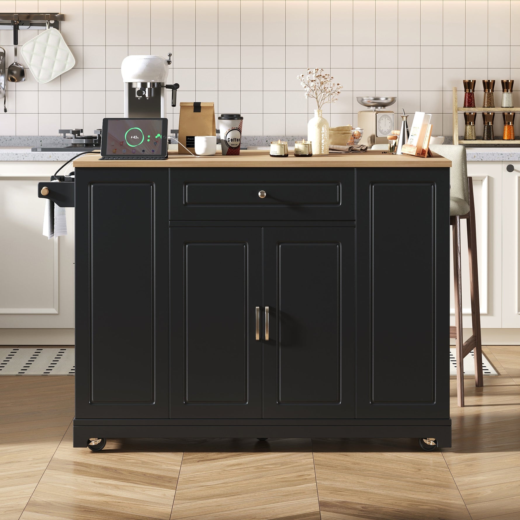 Mobile Kitchen Island Extendable Dining Area Drawers Waste Bin - Black