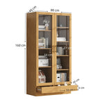 Glass Display Cabinet, Offset Shelves Push-To-Open Drawers, Wood Color