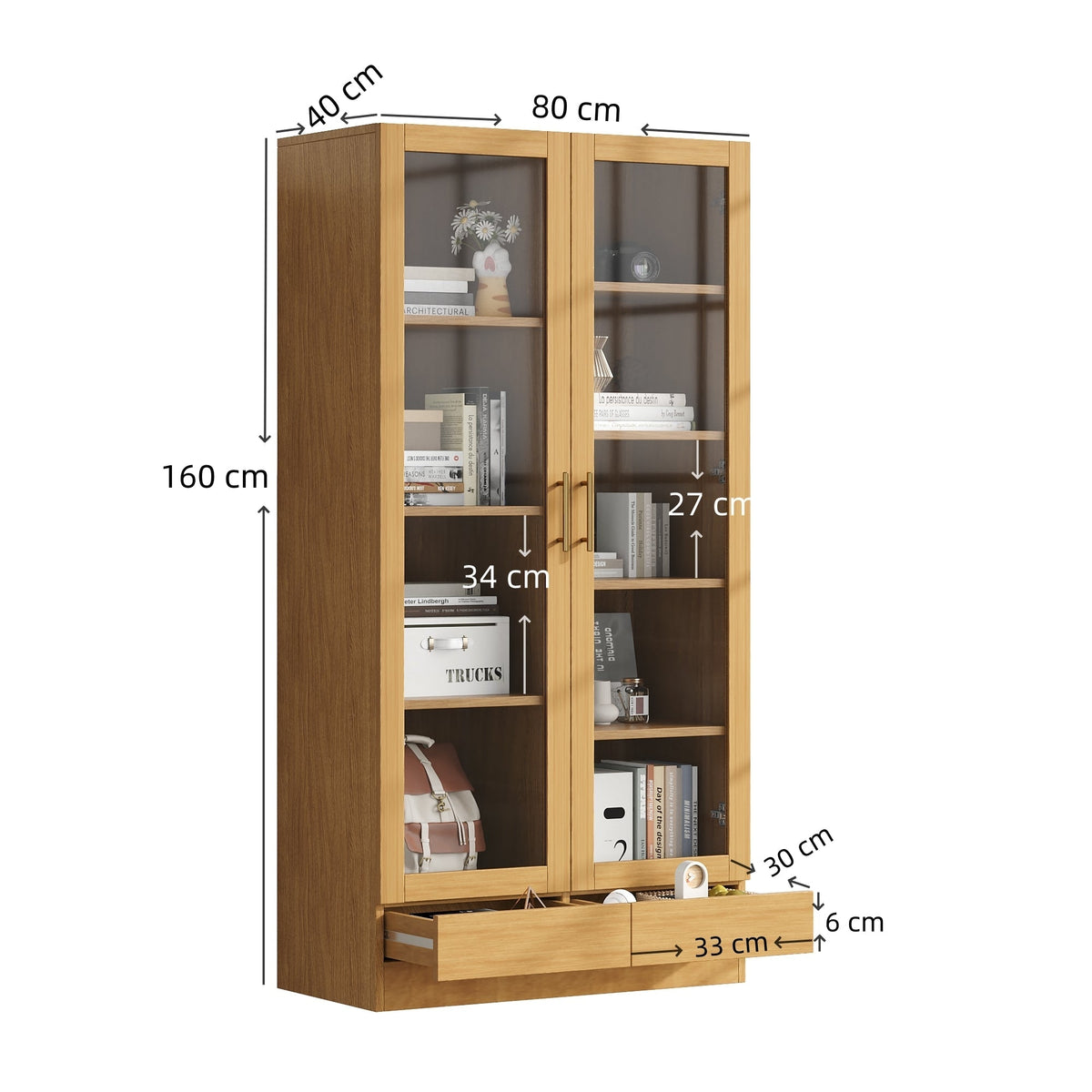 Glass Display Cabinet, Offset Shelves Push-To-Open Drawers, Wood Color