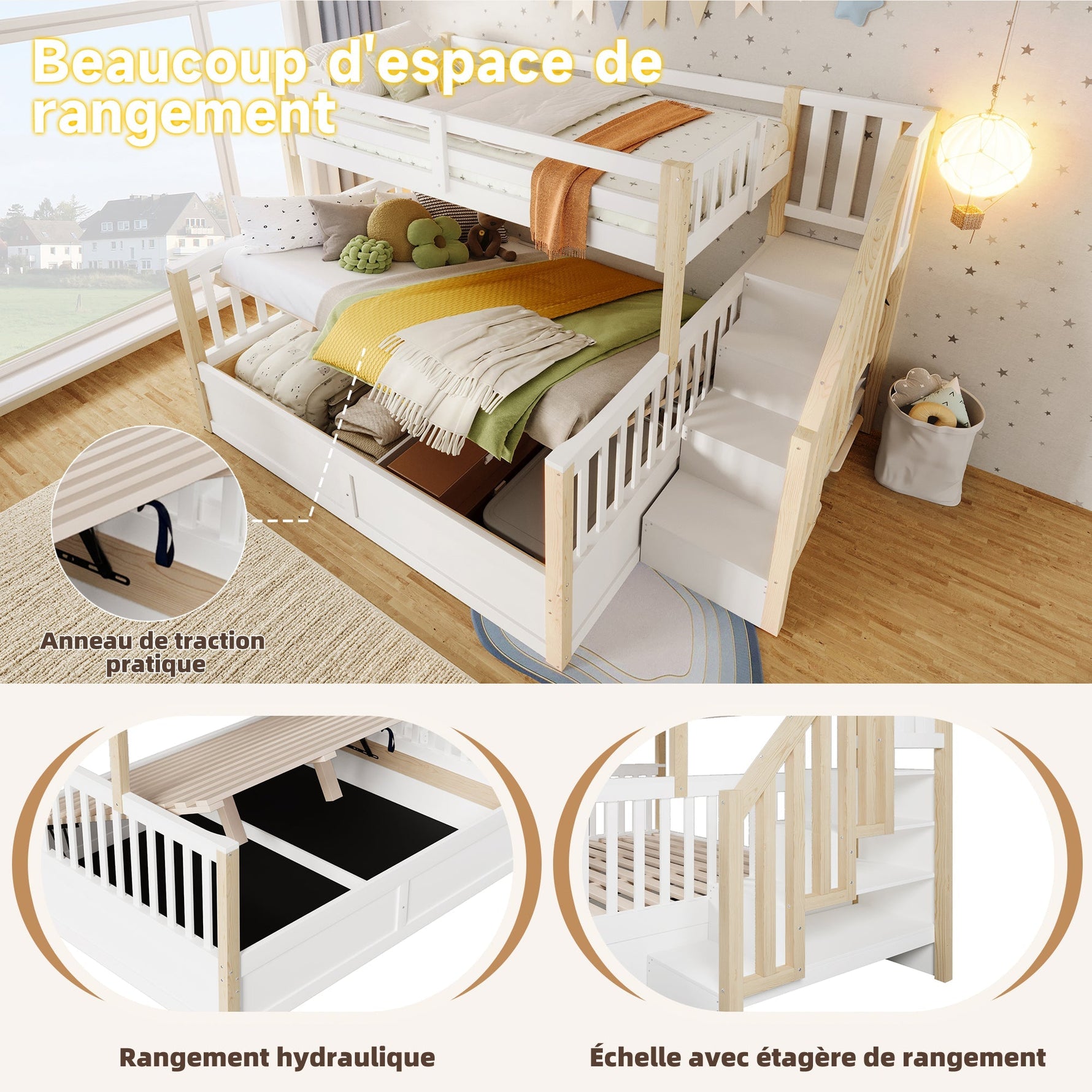 Bunk Bed 90x200/140x200cm Hydraulic Storage Ladder White/Natural