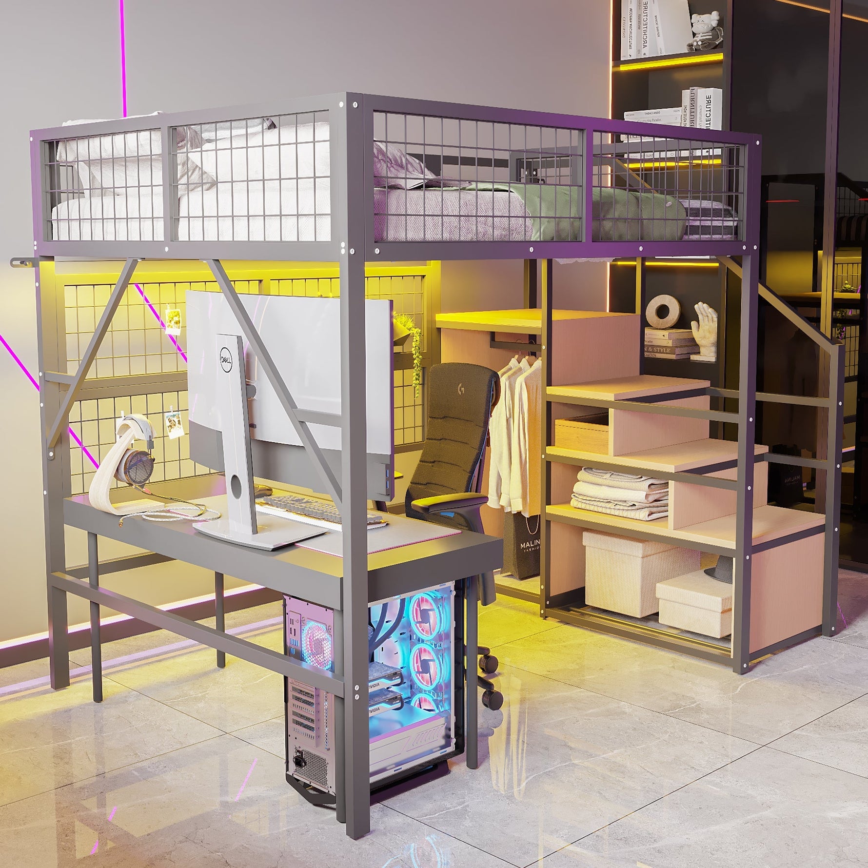 Metal Loft Bed 140x200 LED Lights Storage Open Wardrobe, Black