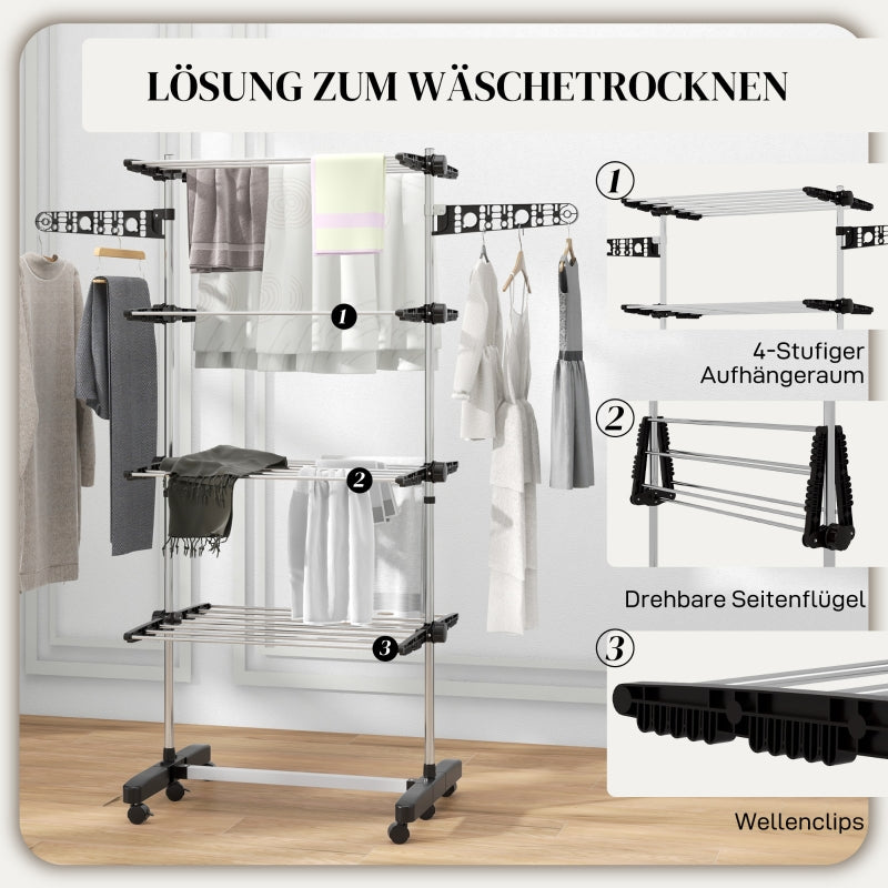 Clothes Airer, 5 Tiers Foldable, One-Click System, Black + Silver