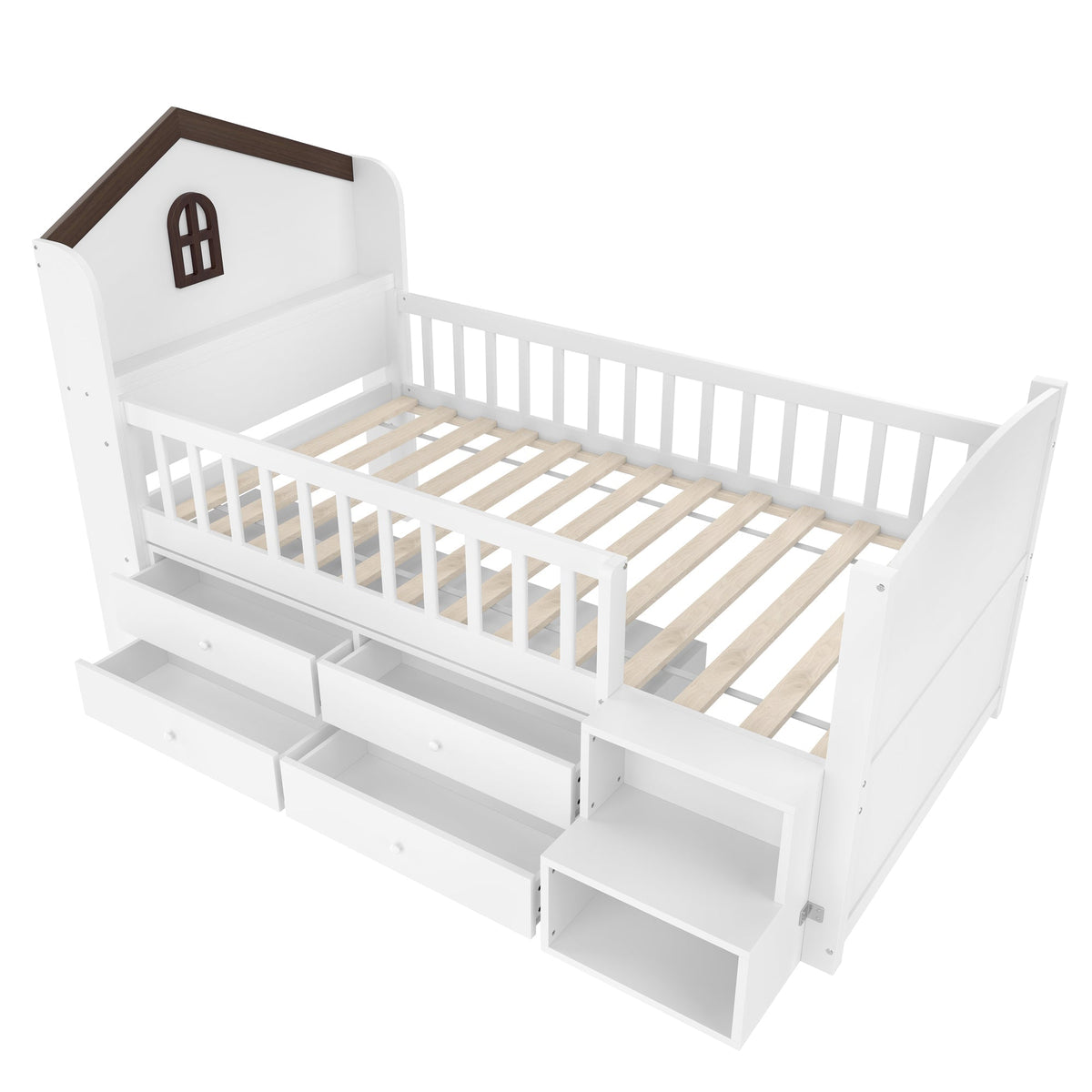 Mid-Height House Bed with Window, 4 Drawers and LED Light Strip, White