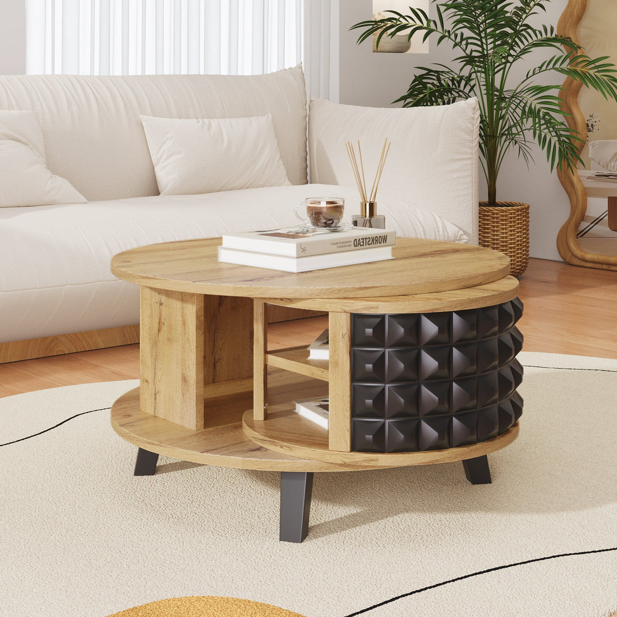 Coffee Table Rotating Side Table with Hidden Storage