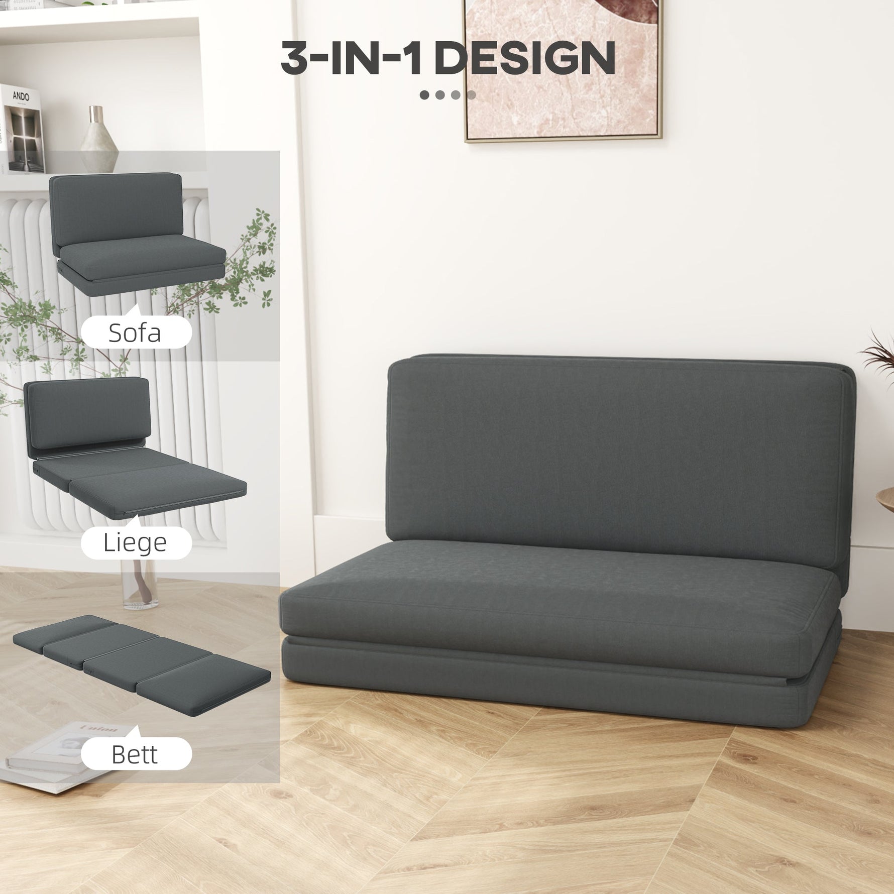 3-in-1 Folding Sofa Bed, Velvet, Dark Grey