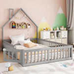 Children's Upholstered Bed with Chimney Shape and Slatted Base, 140x190cm, Grey Pine Wood