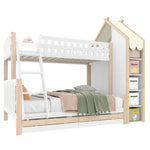 Bunk Bed 90x200cm/140x200cm, House Rail, Ladder, 2 Drawers, White + Natural Wood