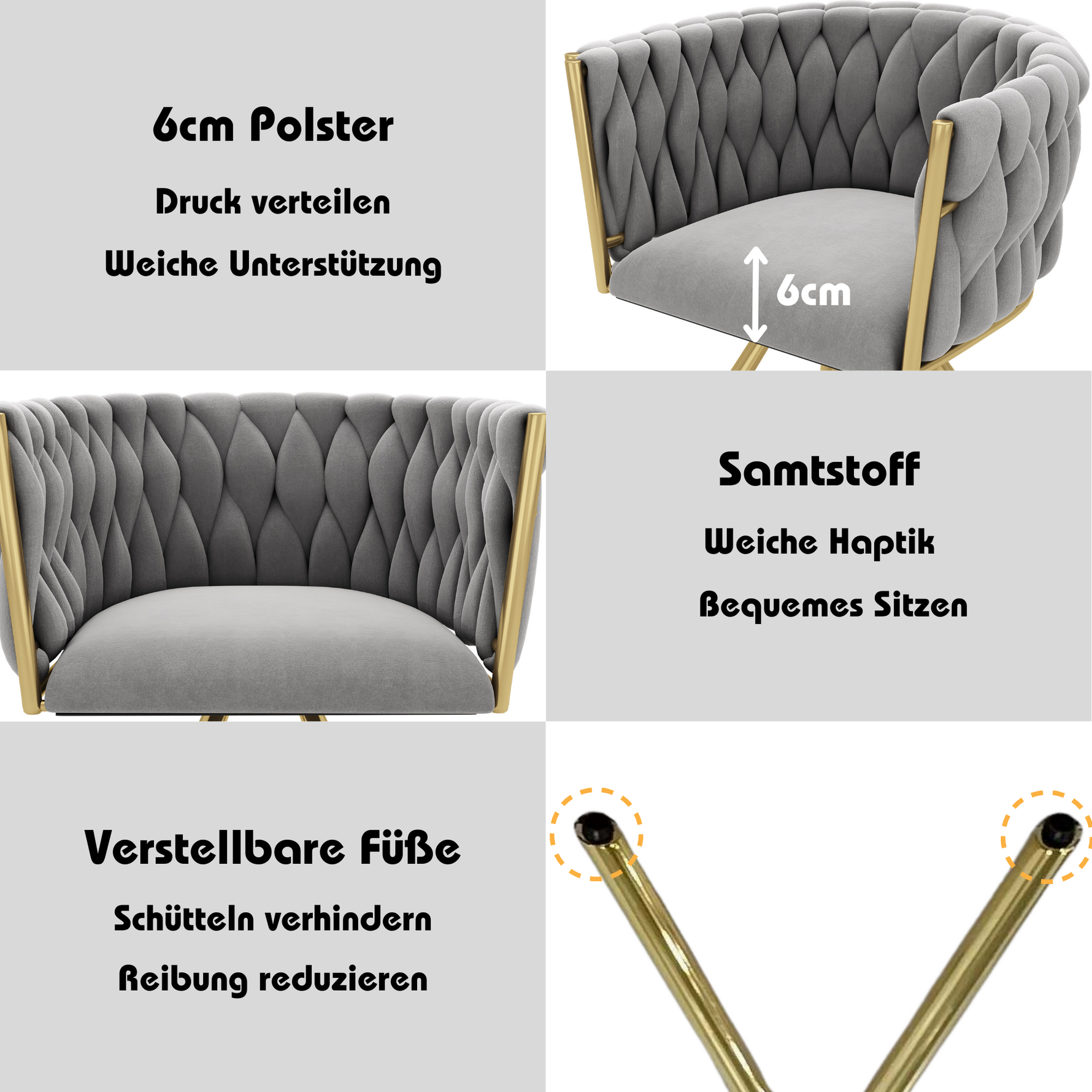 Dining Chair Set of 6 Swivel Metal Legs - Velvet Grey/Gold