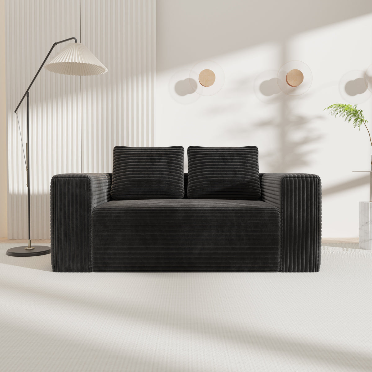 Boneless Deep Seat 2-Seater Couch No Assembly Foam Floor Sofa Plush Corduroy Black