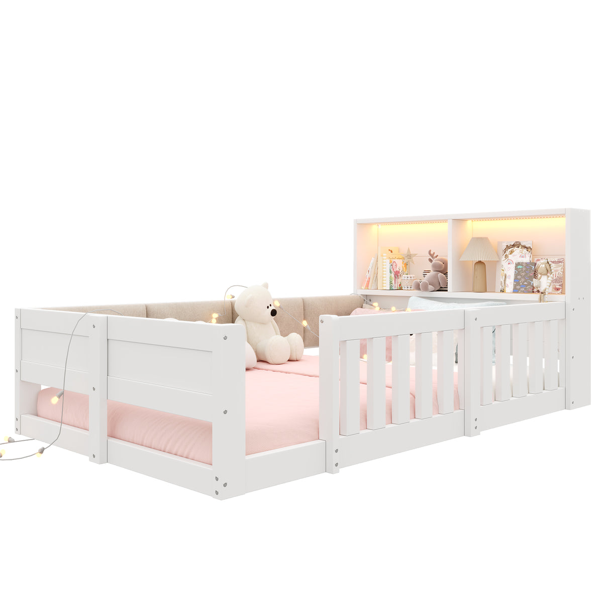 Flatbed Kids Bed 90x200cm with LED Light & Railings, White
