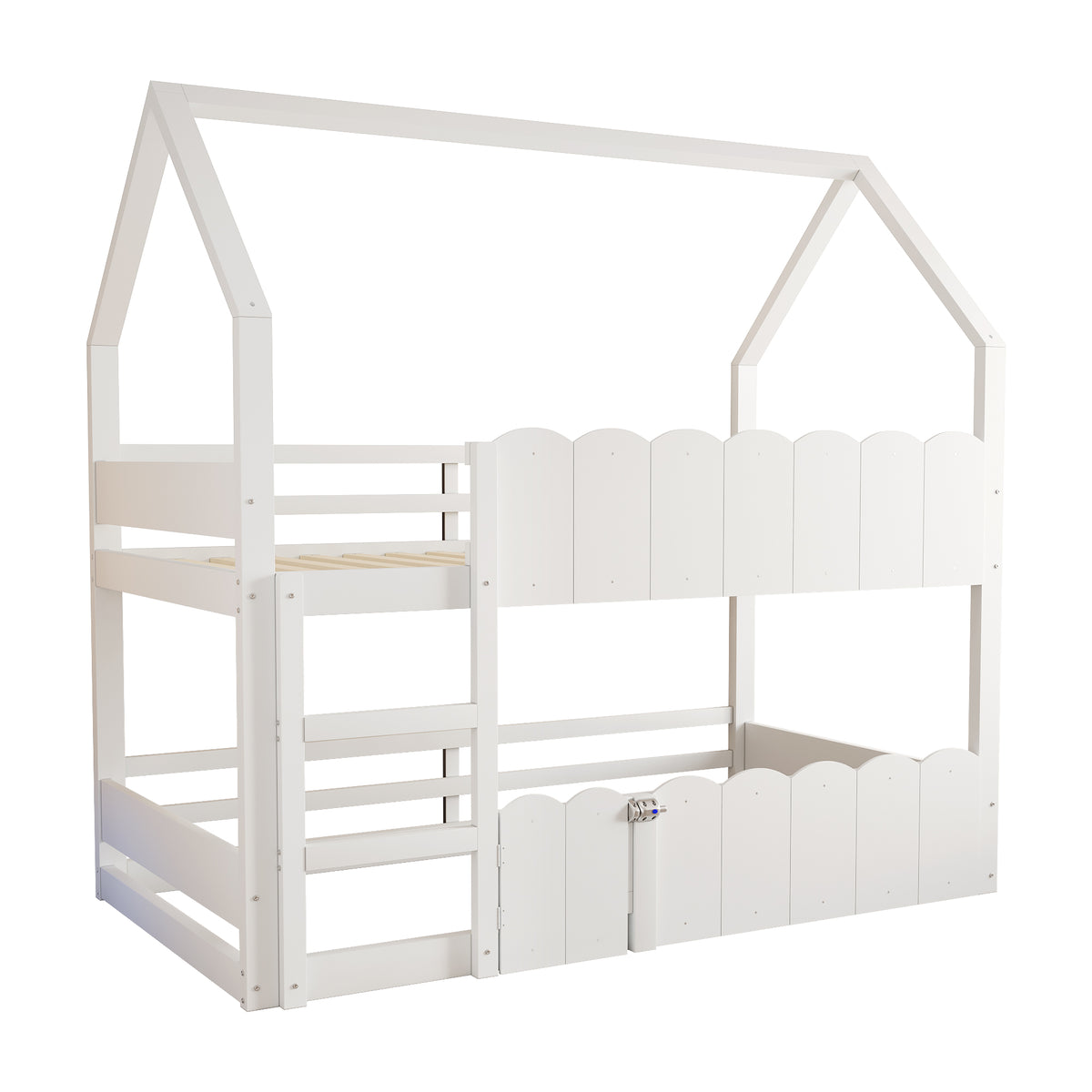 Children's Bunk Bed 90x200cm House Design with Safety Rails - White