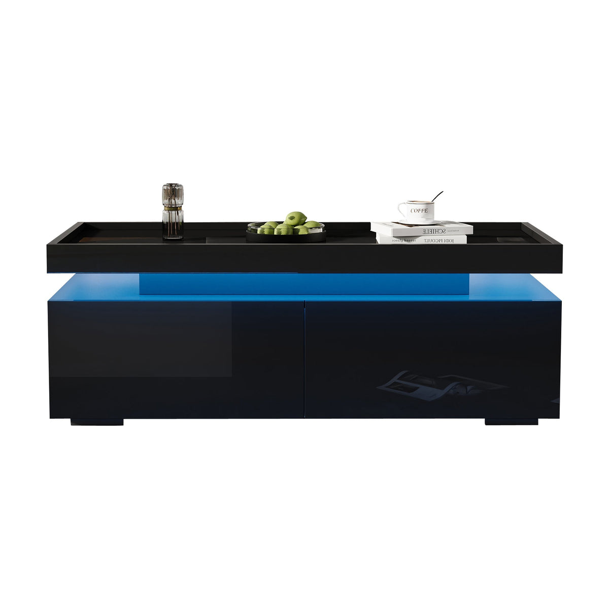 Coffee Table 95x45x35cm, LED, 2 Drawers, High-Gloss, Black
