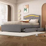 Upholstered Bed with LED Lights, 2 Drawers and Adjustable Headboard, Grey Linen
