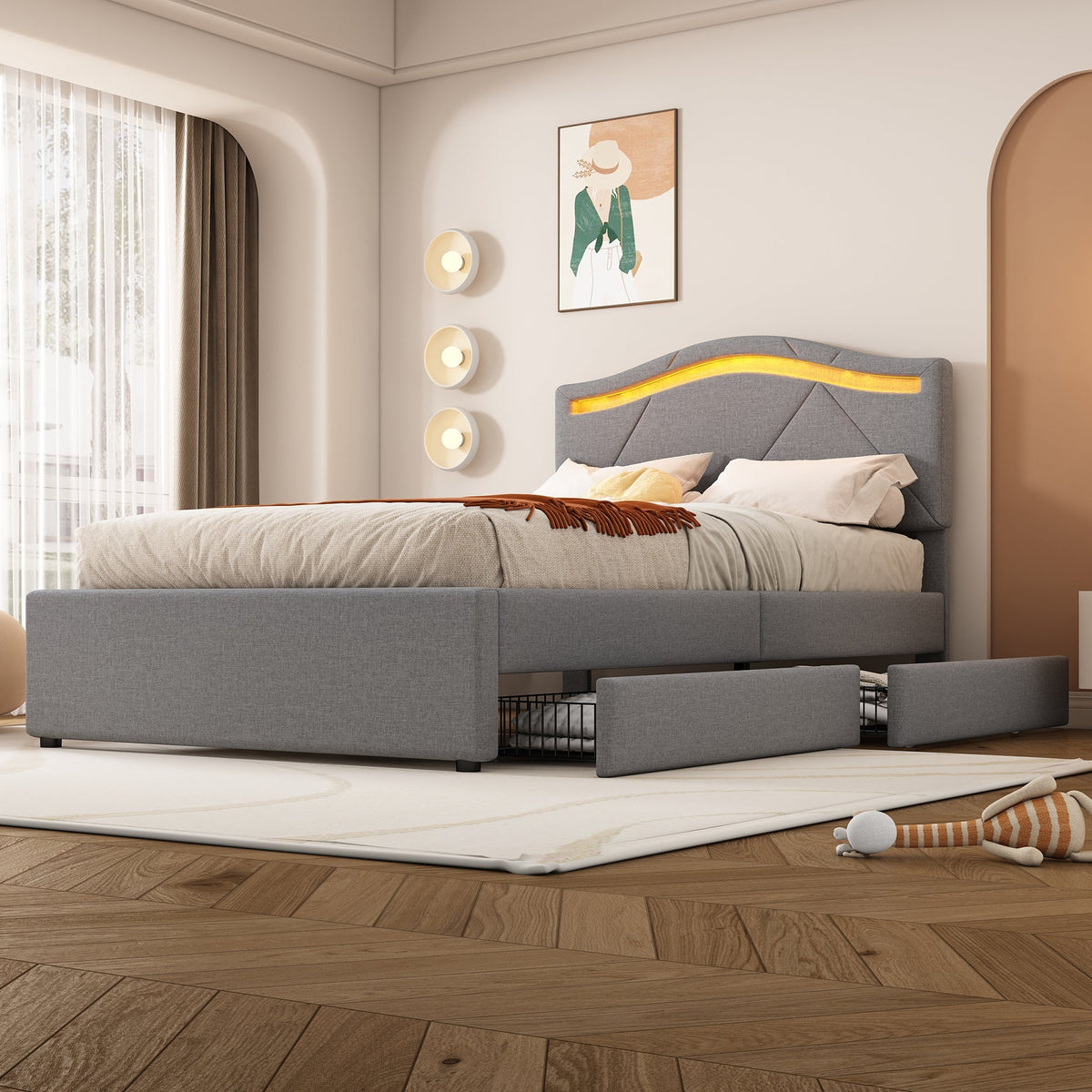 Upholstered Bed with LED Lights, 2 Drawers and Adjustable Headboard, Grey Linen