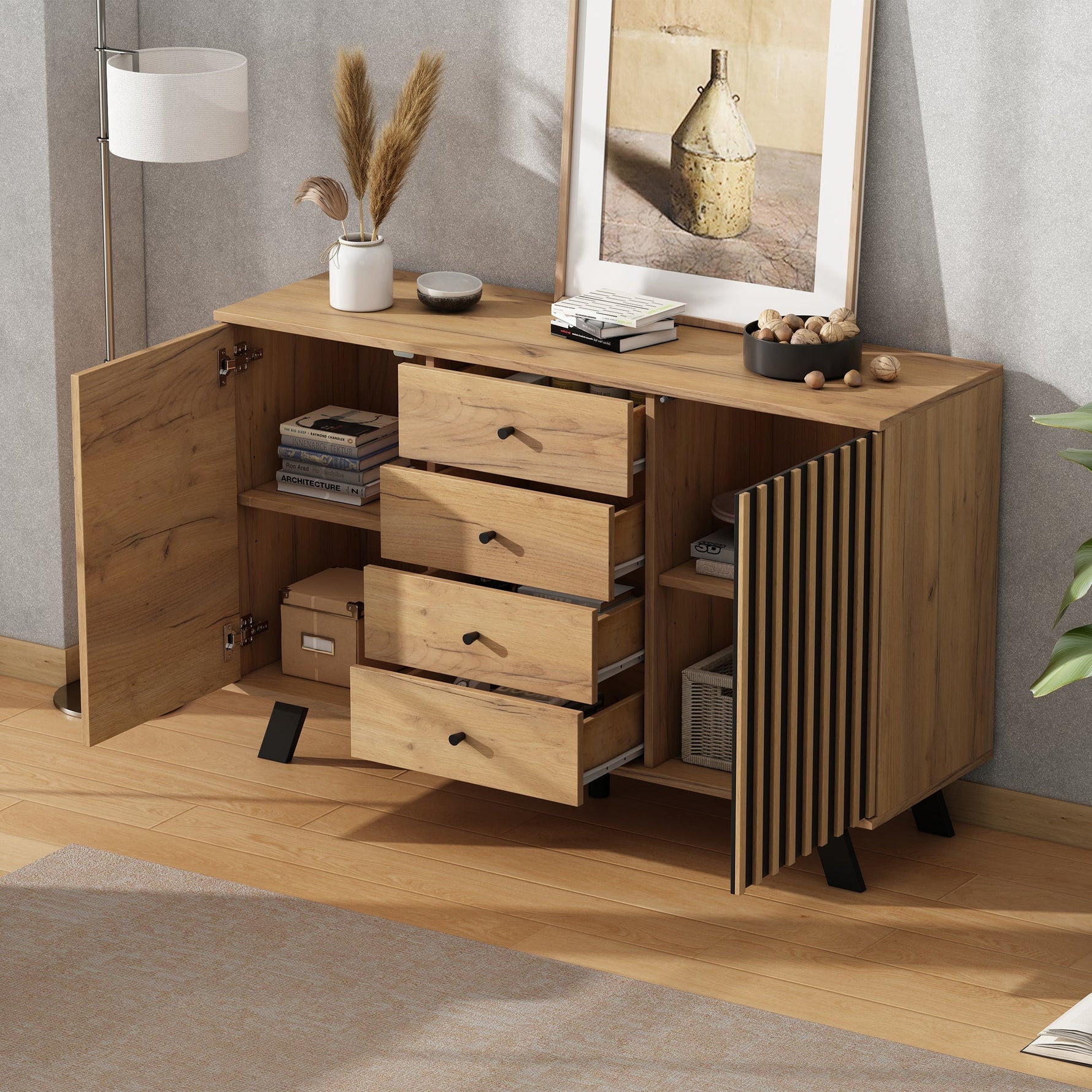 Sideboard Cabinet 120cm Hollow Design 4 Drawers 5 Solid Wood Legs, Wood Color