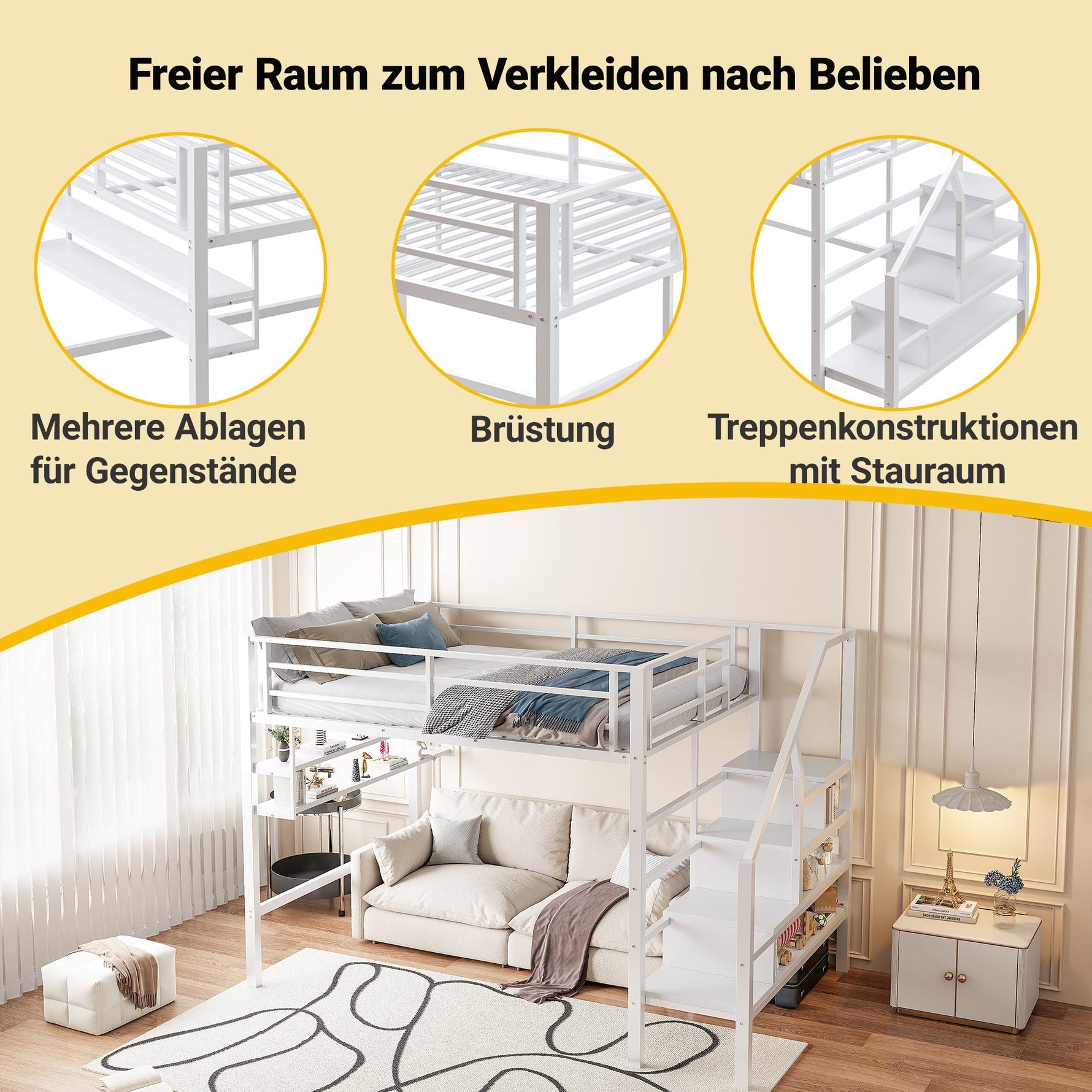 Loft Bed with Storage Ladder and Shelves, 140x200cm, White