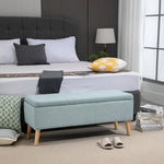 Light green upholstered bench with storage 110x39x45cm, linen-like polyester and rubber wood