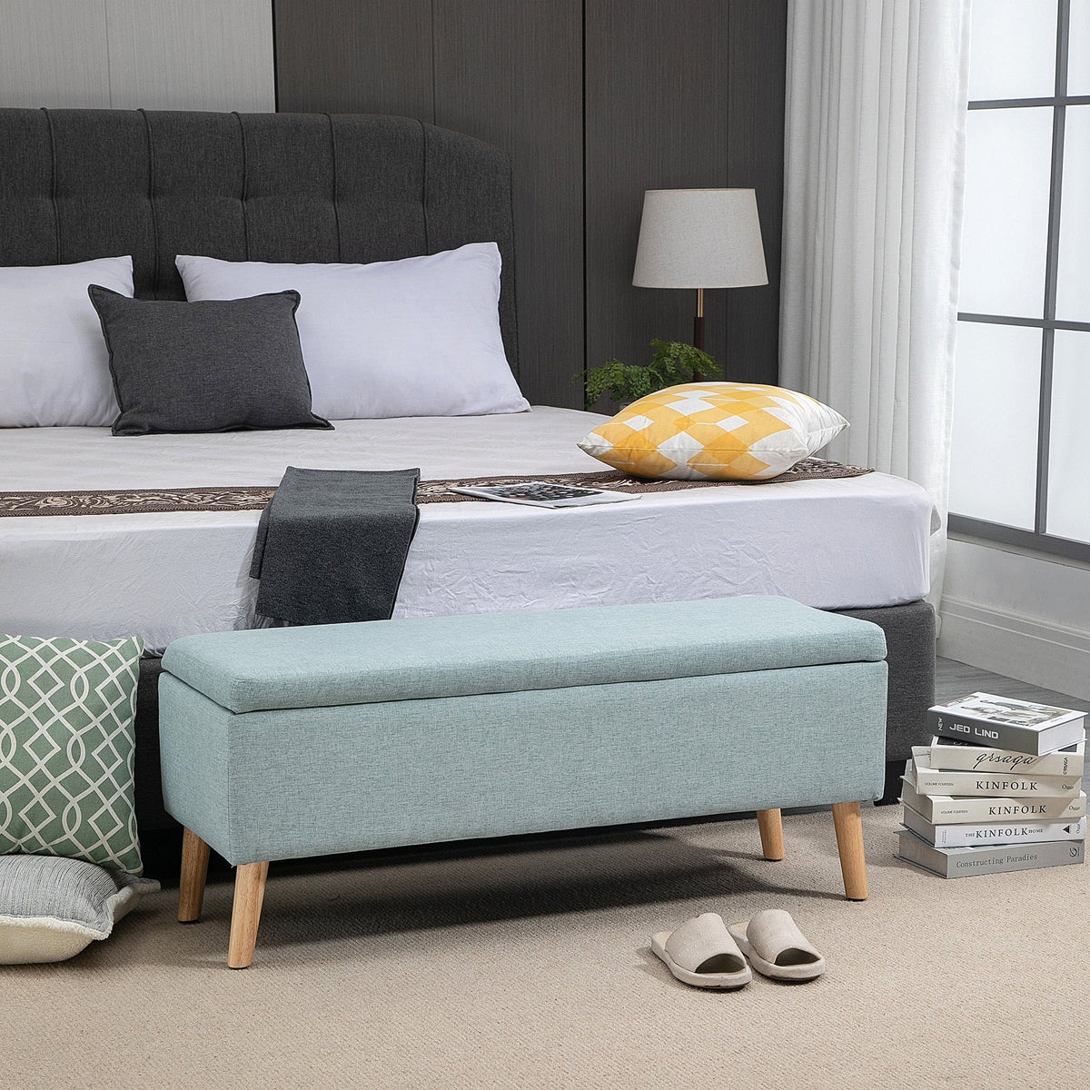 Light green upholstered bench with storage 110x39x45cm, linen-like polyester and rubber wood
