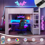Loft Bed with Gaming Desk, LED Lights and Storage Shelves, White