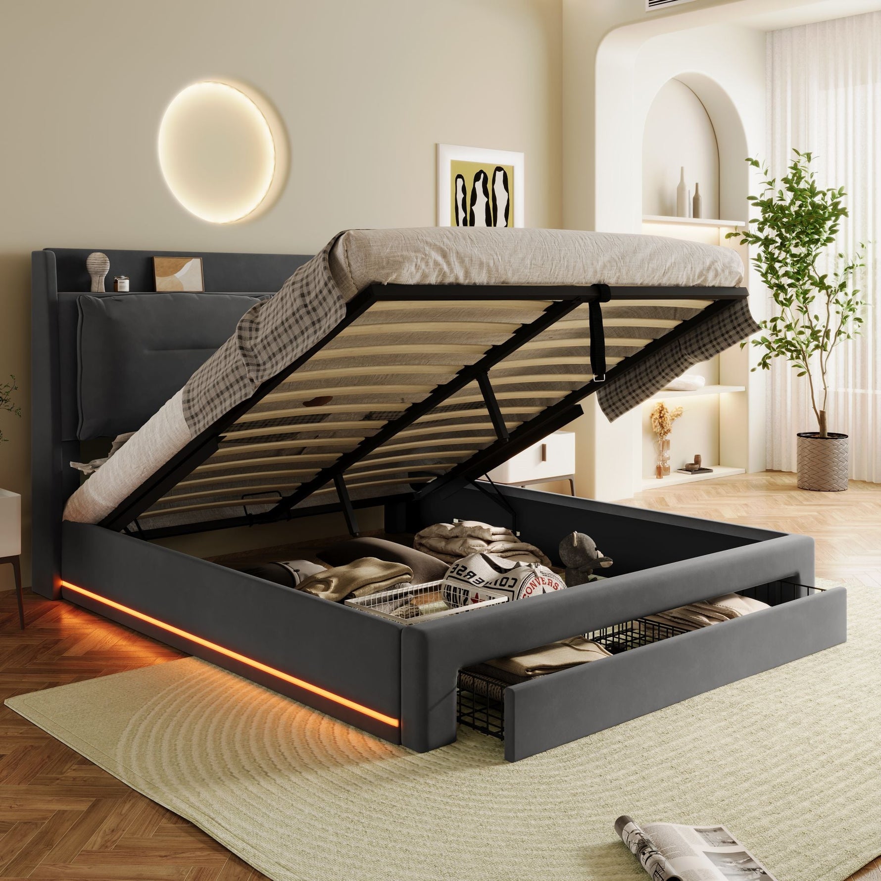LED upholstered bed, 140 × 190 cm, hydraulic bed, 2-in-1 storage drawers at the foot of the bed, built-in LED light strips on both sides of the bed, slatted base, mattress not included, velvet, grey.