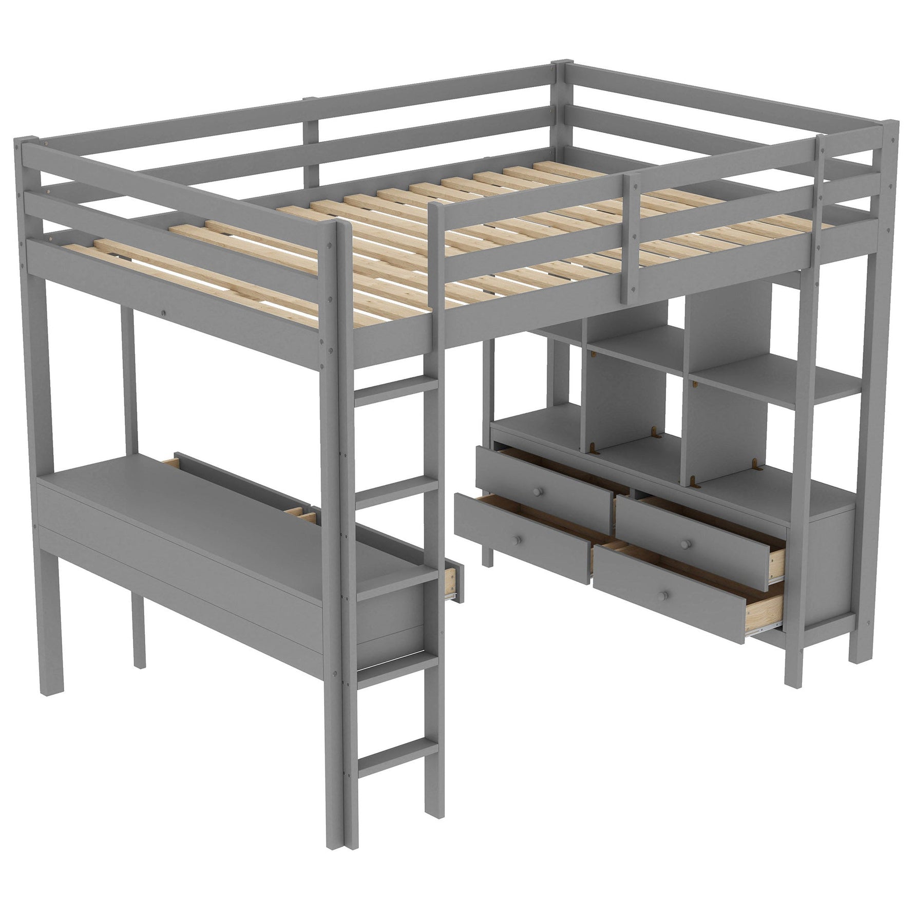 Loft Bed 140x200cm Storage Drawers Under-Bed Desk - Grey