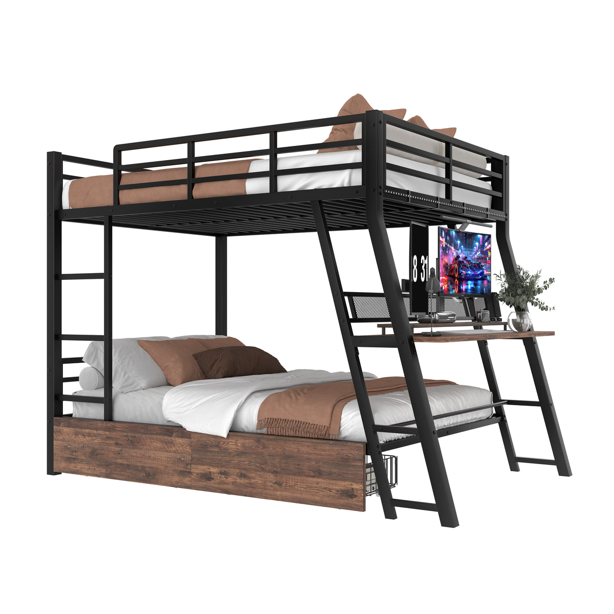 Loft Bed 140x200cm with Desk, LED & Drawers, Black Iron