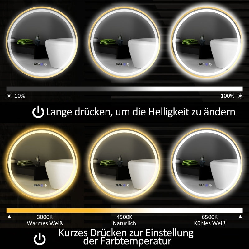 Bathroom Mirror with LED, Anti-Fog, Touch Control, Round