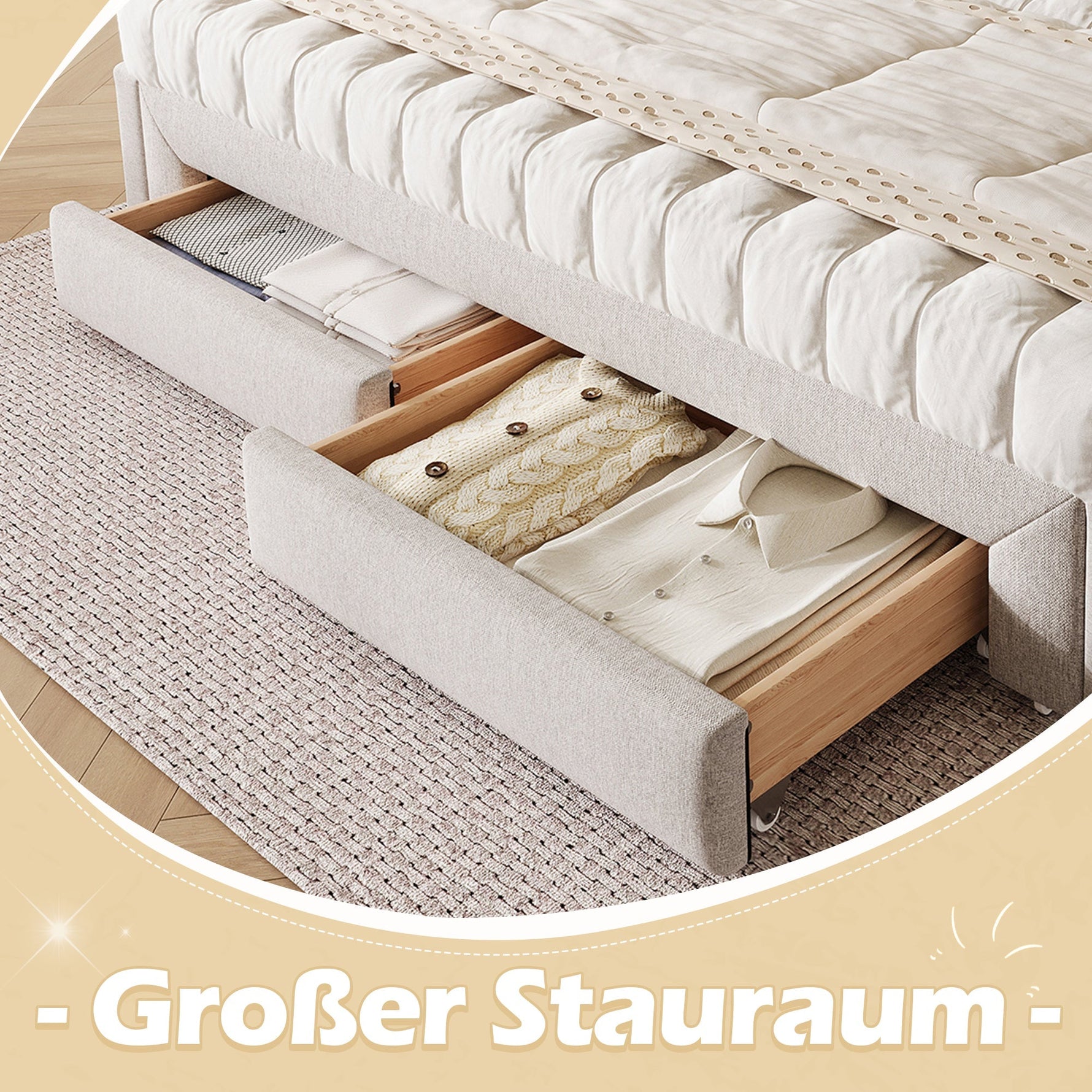 Daybed with Extendable Frame and 2 Storage Drawers, Beige Samt and MDF