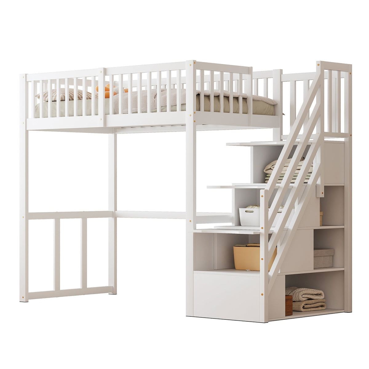 Loft Bed 90x200 Safety Storage Ladder Solid Pine Wood, White