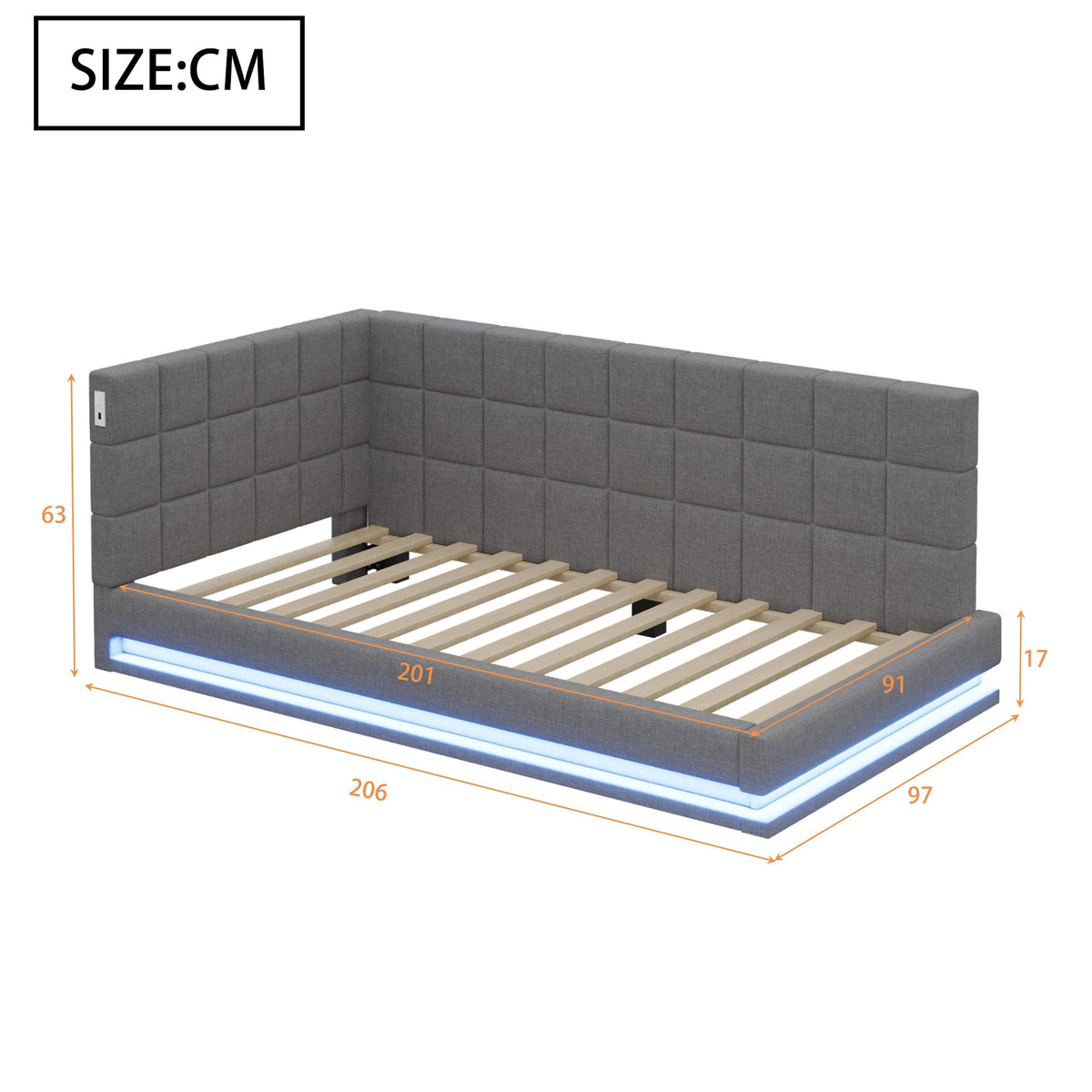 Upholstered Bed Sofa, 90x200 Multifunctional with LED & USB, Linen Fabric Grey