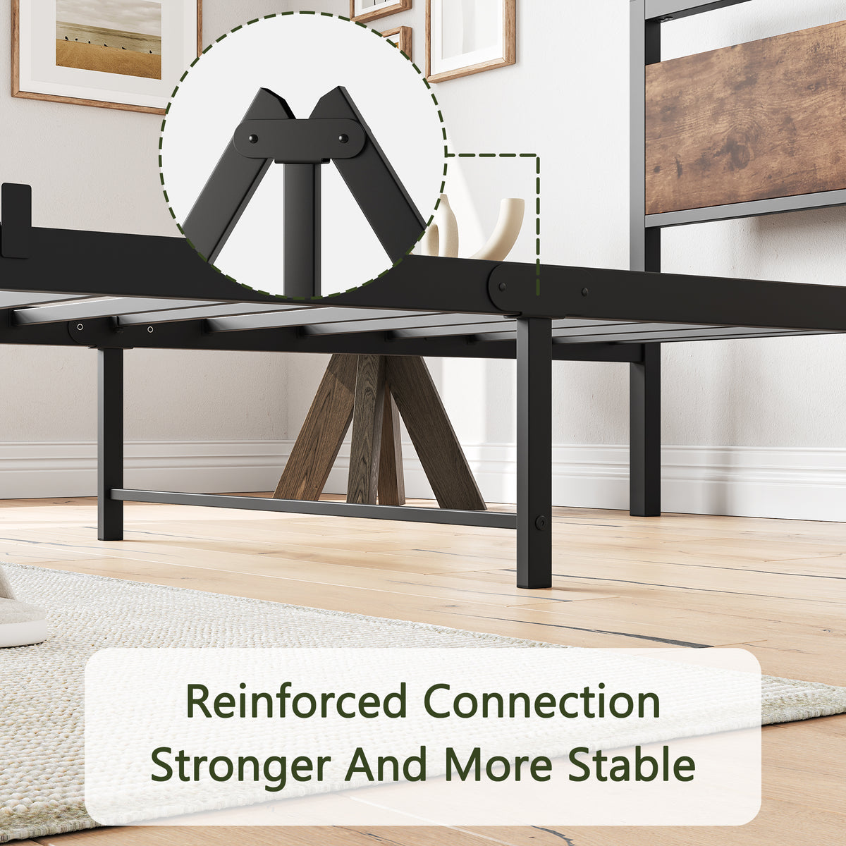 Bed Frame 140x200 cm with Slatted Base & Storage, Metal & Wood