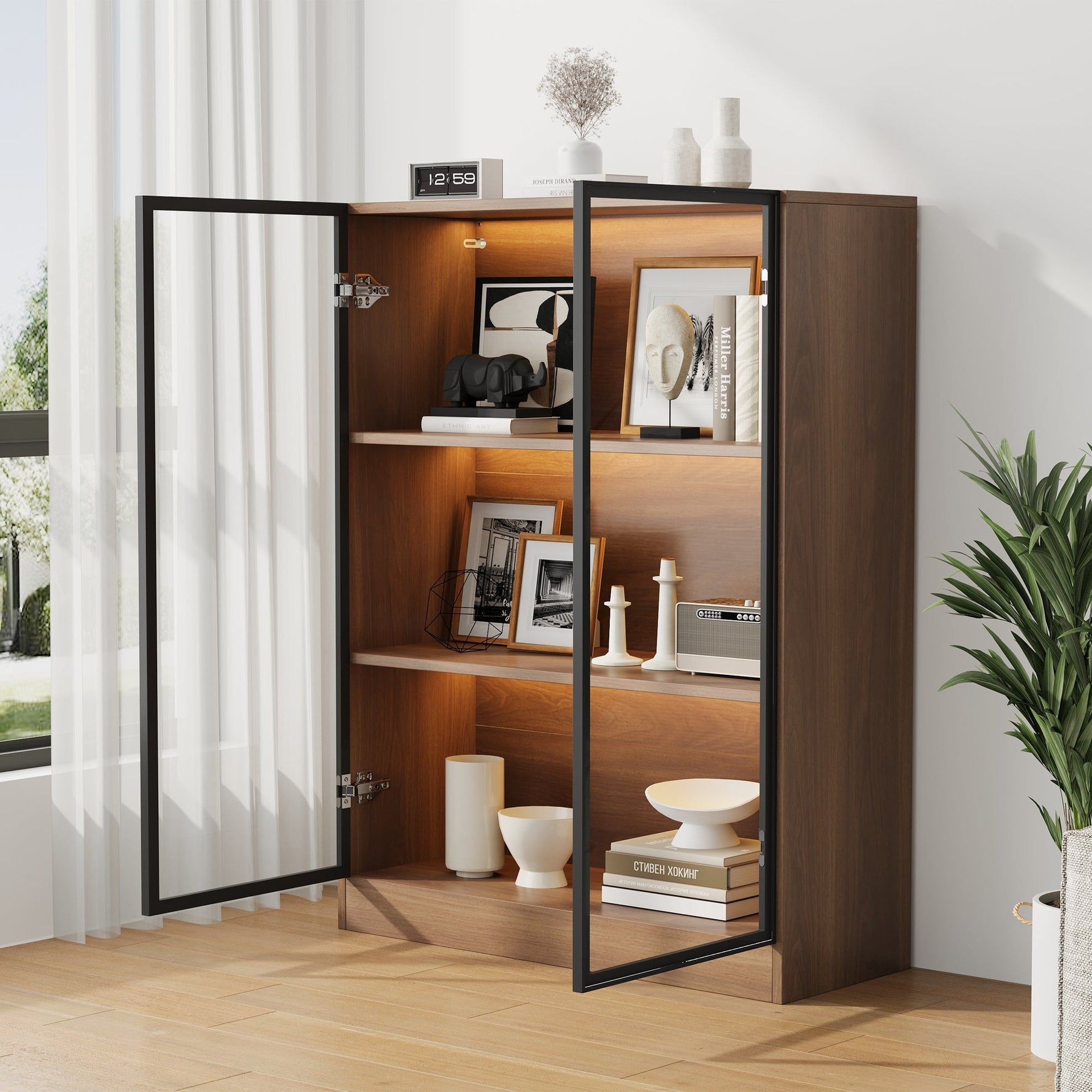 Glass Display Cabinet Collector's Stand LED Light 3-Tier Shelves Natural
