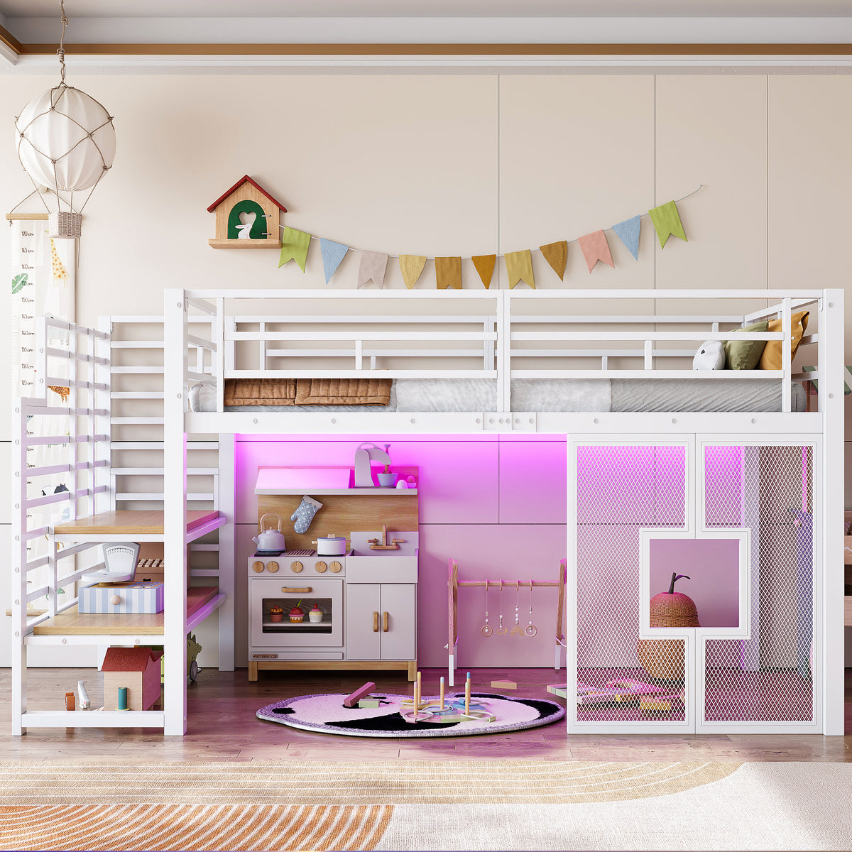 Loft Bed 90x200cm with Stairs, Storage & LED Light, White Metal