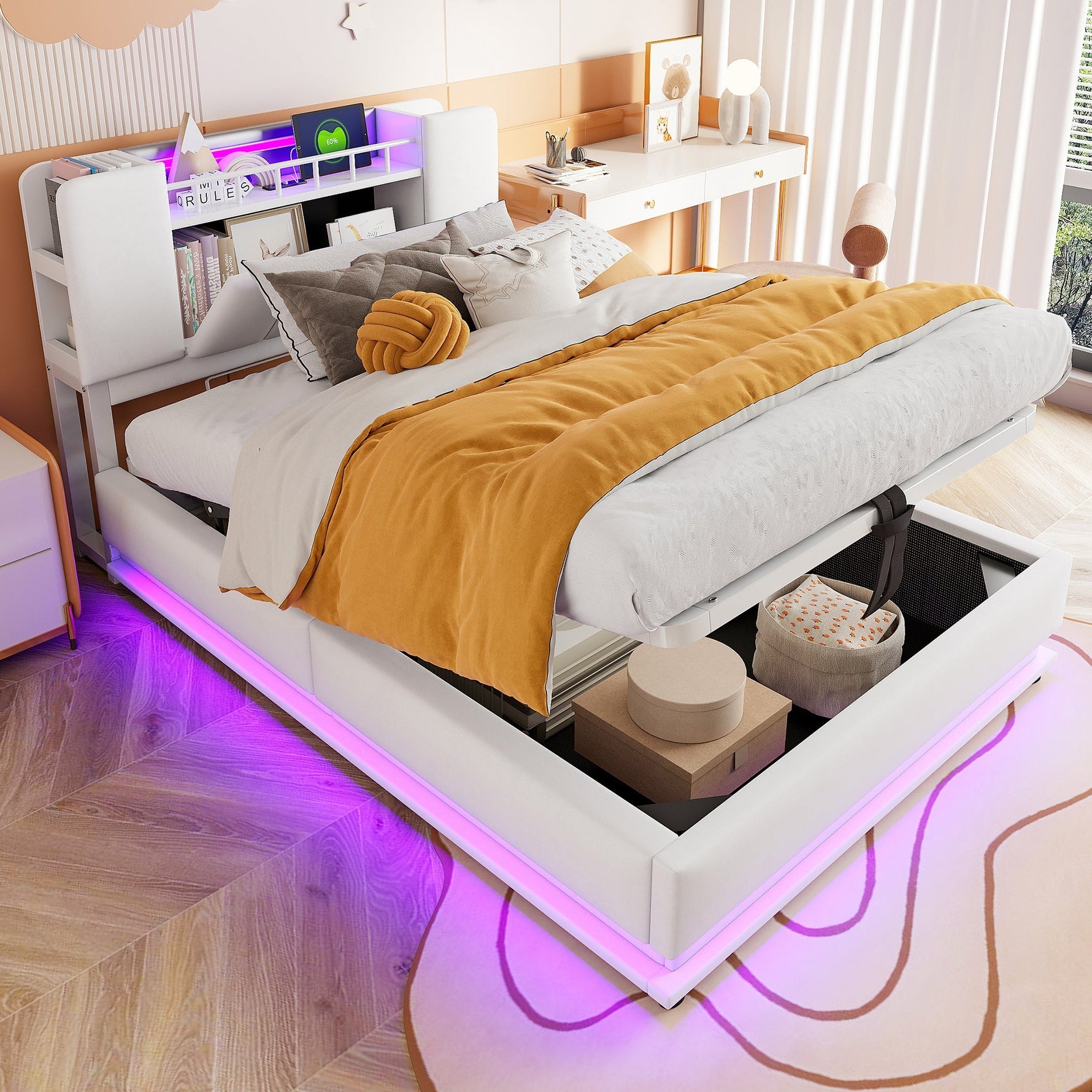 Smart Upholstered Bed with LED, USB and Hydraulic Storage, Beige Velvet